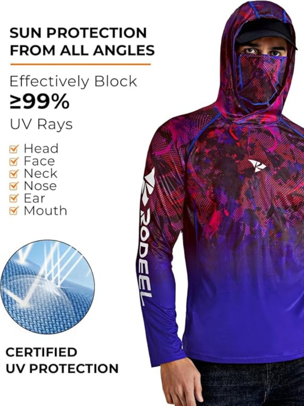 Rodeel UPF 50+ Mask UV Neck Gaiter Hoodie Performance Fishing Hiking Shirt